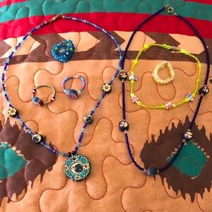 Beaded Polymer Clay Necklace Angle Bracelet & 2 Ring Set